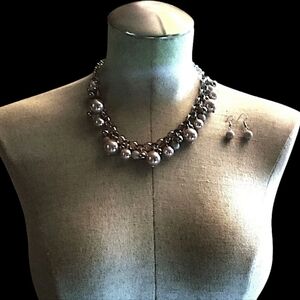 Elegant Silver Pearl Necklace and Earring Set